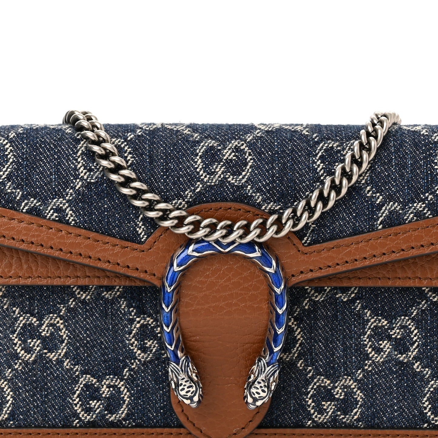 New Denim GG Monogram Dollar Calfskin Enamel Super Mini Dionysus Shoulder Bag Blue Tea Cuir Epilog Electric Blue