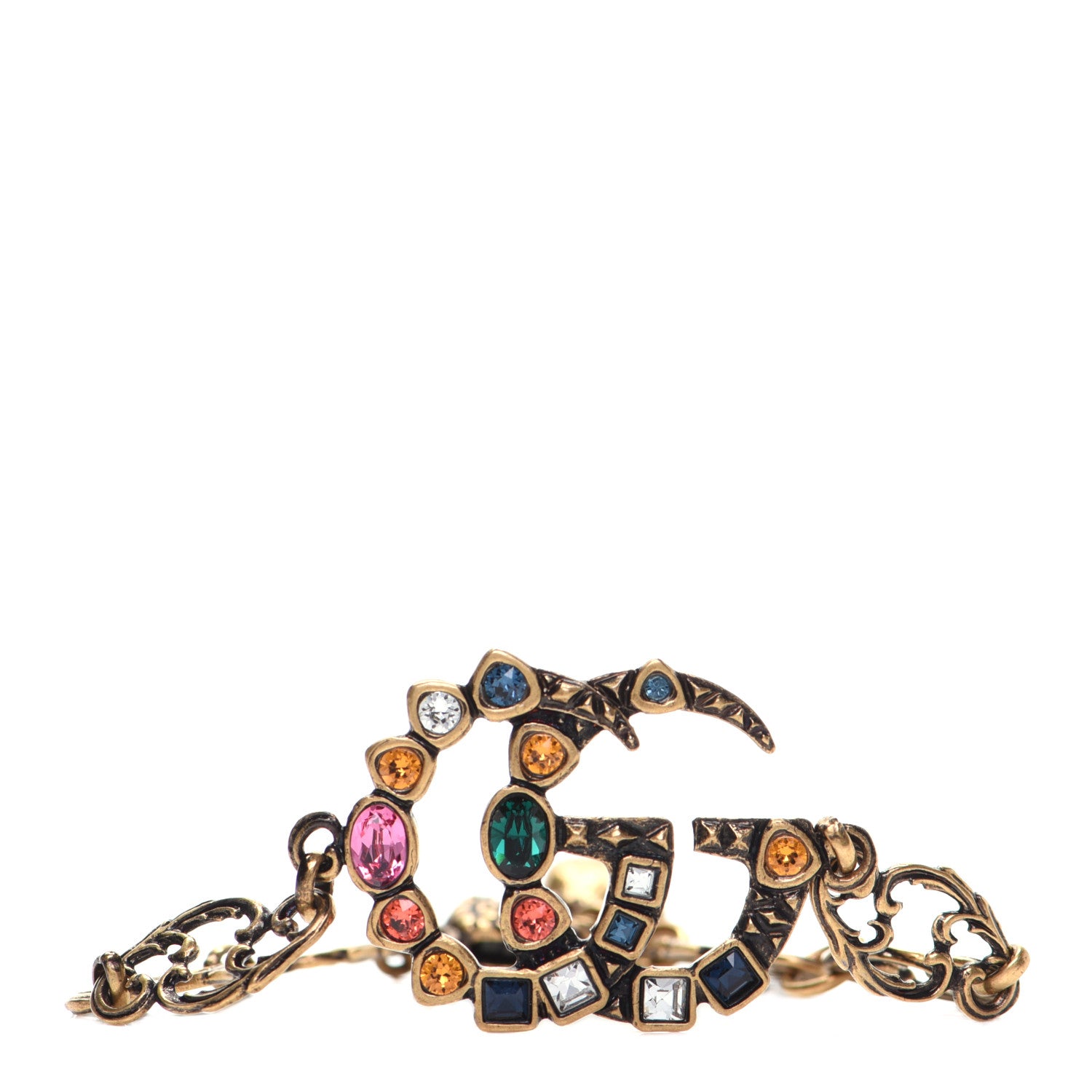 Gucci Oxidized Metal Crystal Double G Bracelet Aged Gold Multicolor 1 of 6