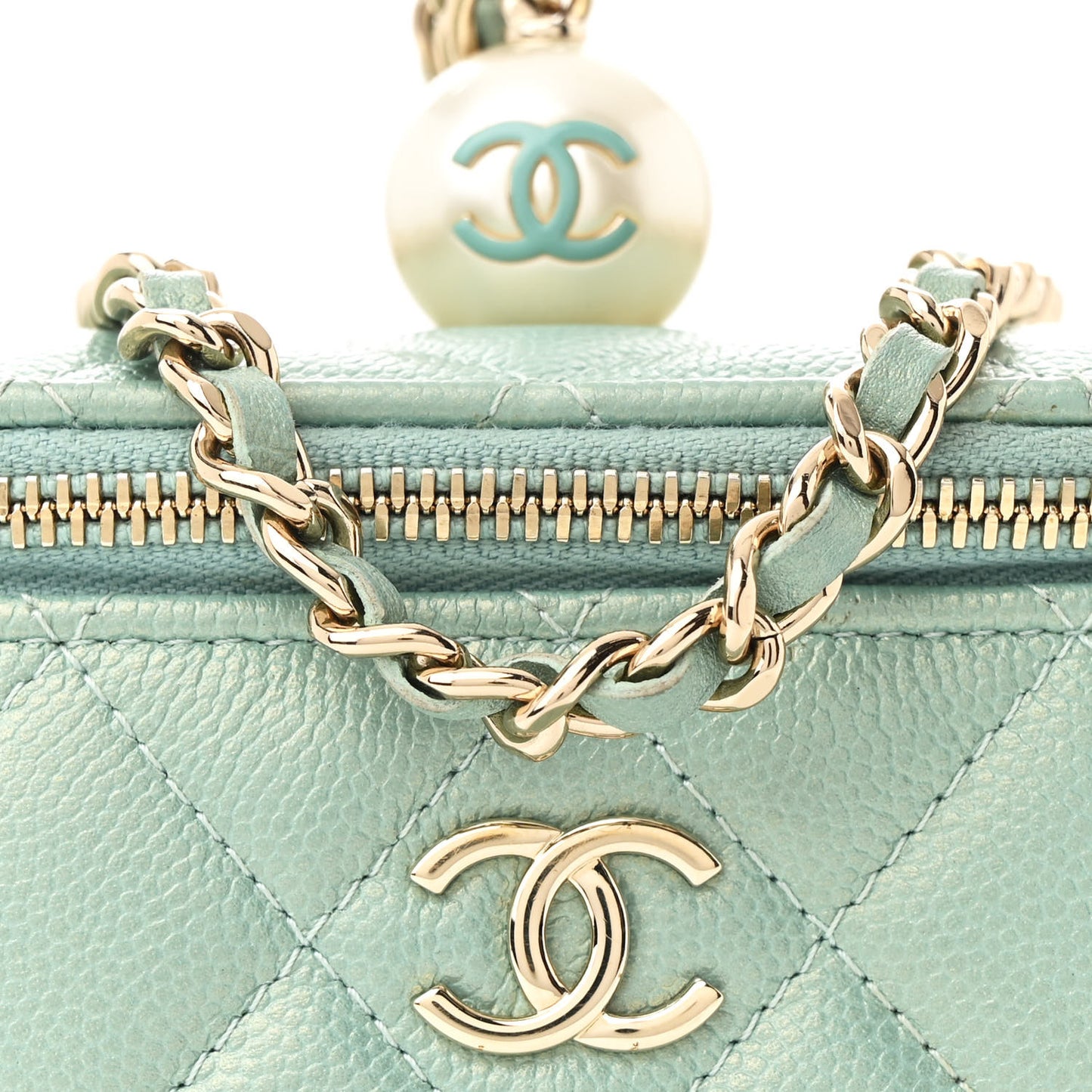 Iridescent Caviar Quilted Mini Pearl On Top Vanity Case With Chain Green
