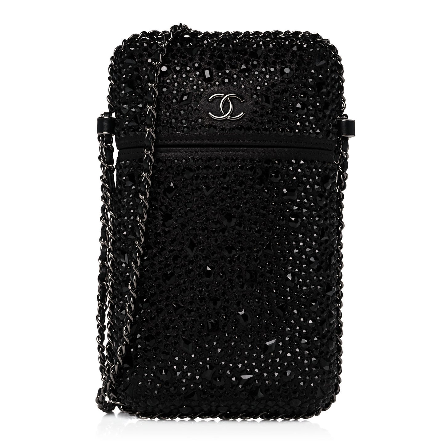Satin Crystal Chain Around Phone Holder Black
