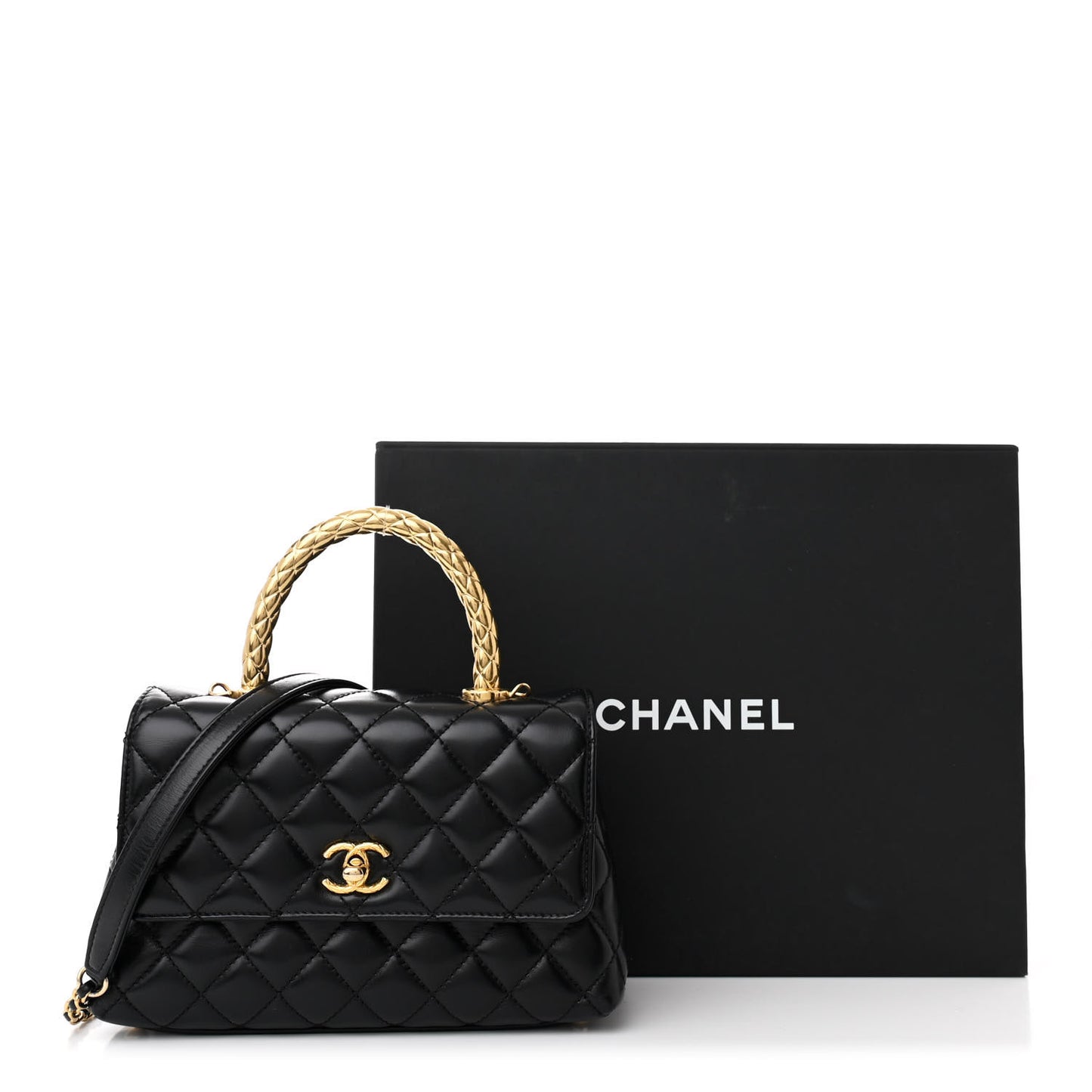Shiny Calfskin Quilted Mini Coco Chain Gold Handle Flap Black