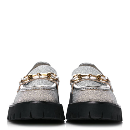 Gucci Mini Diamond Storm Silk Calfskin Womens Harald Horsebit 25mm Platform Loafers 35 Silver 2 of 10