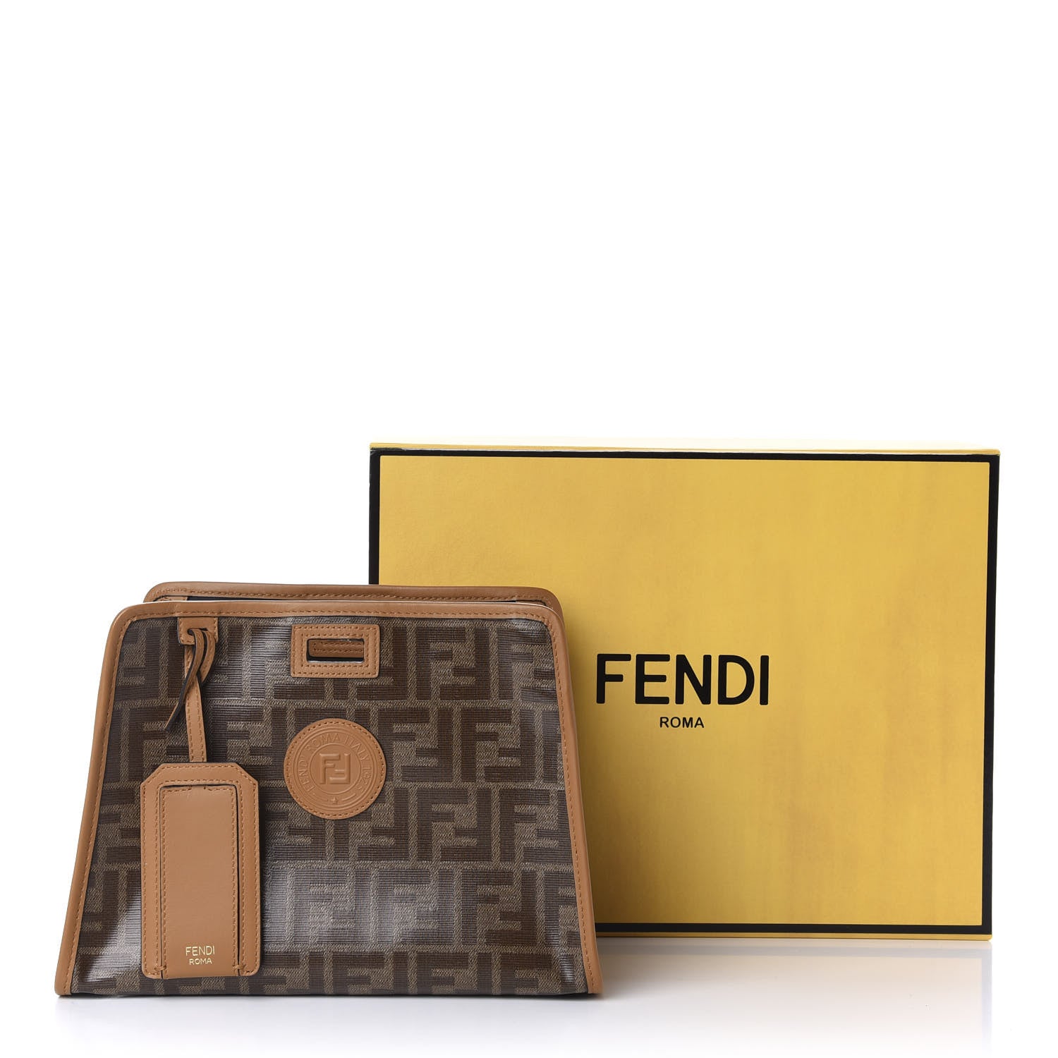 Fendi Glazed Fabric Vitello Century FF 1974 Stamp Patch Mini Peekaboo Defender Cover Mogano Panna Caramello 12 of 12