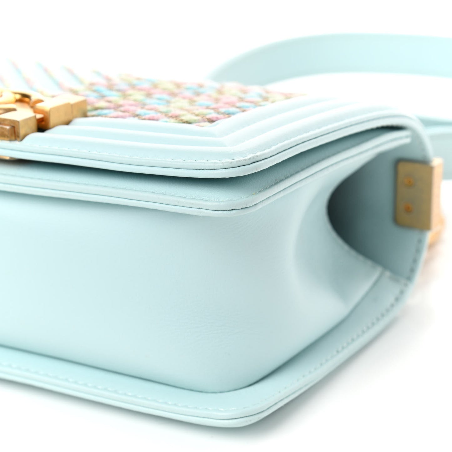 Calfskin Chevron Embroidered Small Boy By The Sea Flap Light Blue