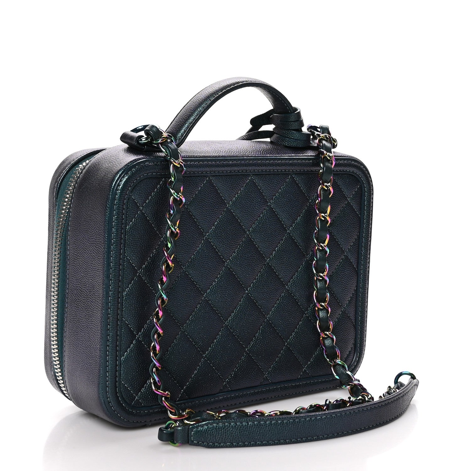 Chanel Iridescent Caviar Quilted Medium CC Filigree Vanity Case Dark Turquoise 3 of 13