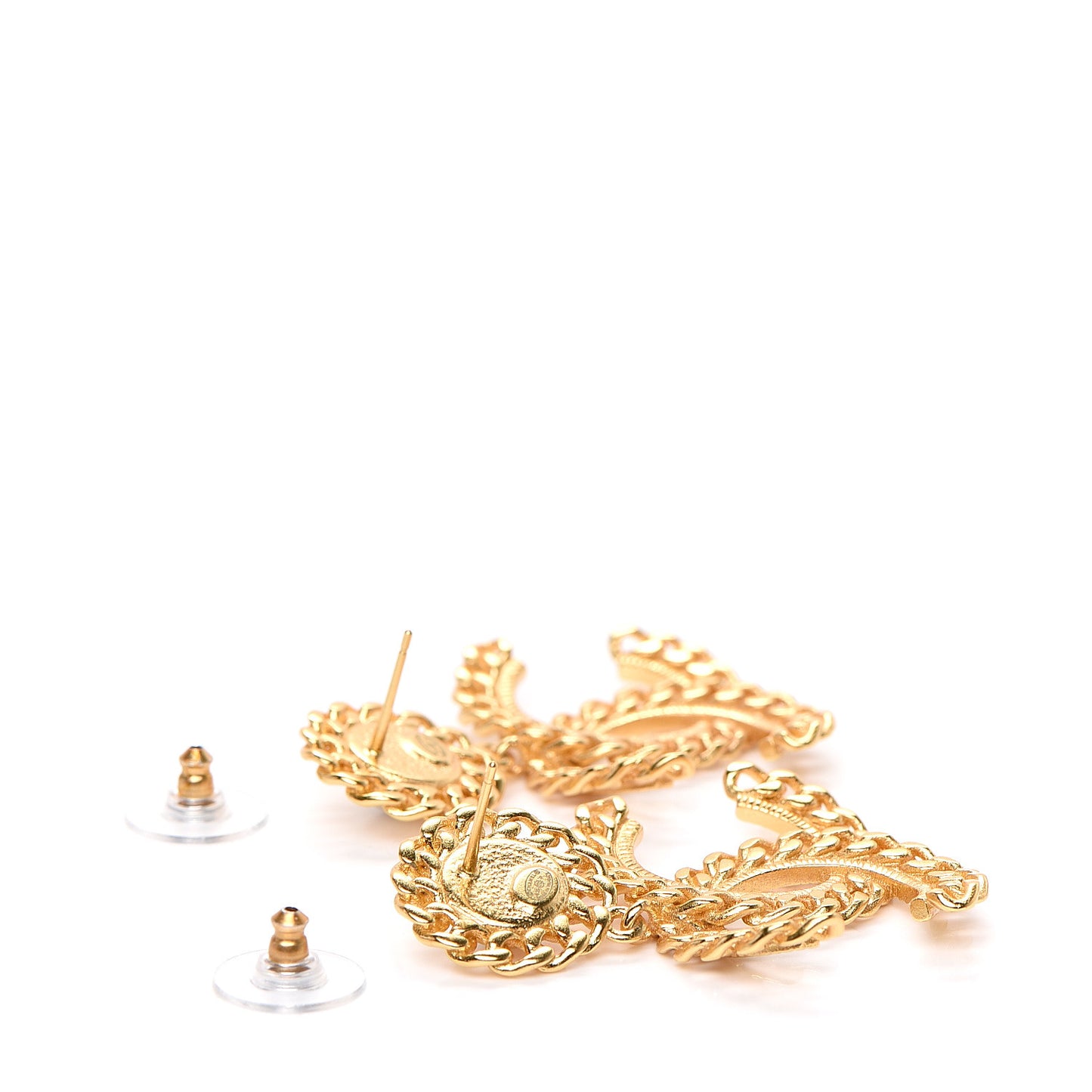 Metal Pearl CC Chain Drop Earrings Gold