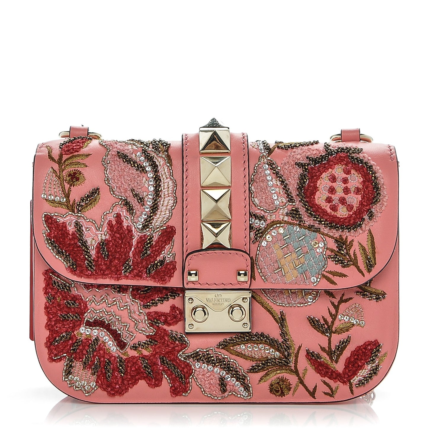 Vitello Embroidered Small Glam Lock Rockstud Flap Paradise Rose
