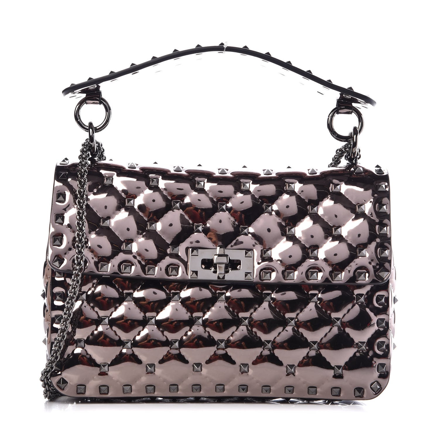 Metallic Patent Medium Rockstud Spike Shoulder Bag Rutenio