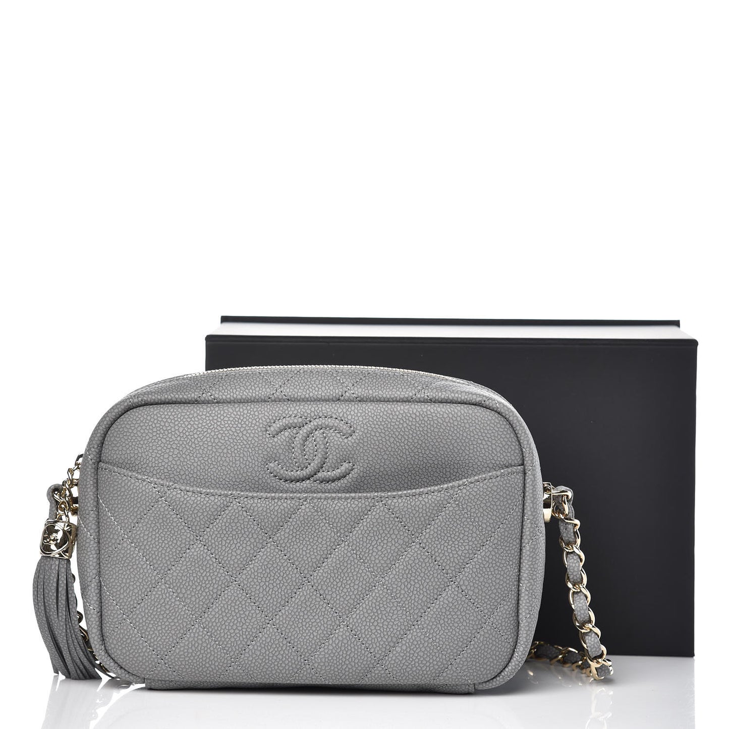 Caviar Quilted Coco Tassel Small Camera Case Grey