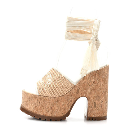 Jimmy Choo Raffia Embroidered Gal 130 Wedge Sandals 39 Natural Ecru 1 of 6