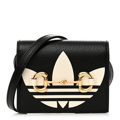 Gucci X ADIDAS Textured Dollar Calfskin Trefoil Horsebit 1955 Card Case Wallet With Strap Black Off White 1 of 10