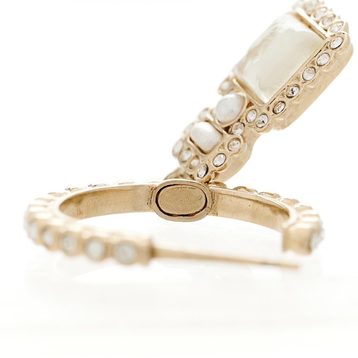 Crystal Pearl CC Perfume Bottle Drop Hoop Earrings Gold