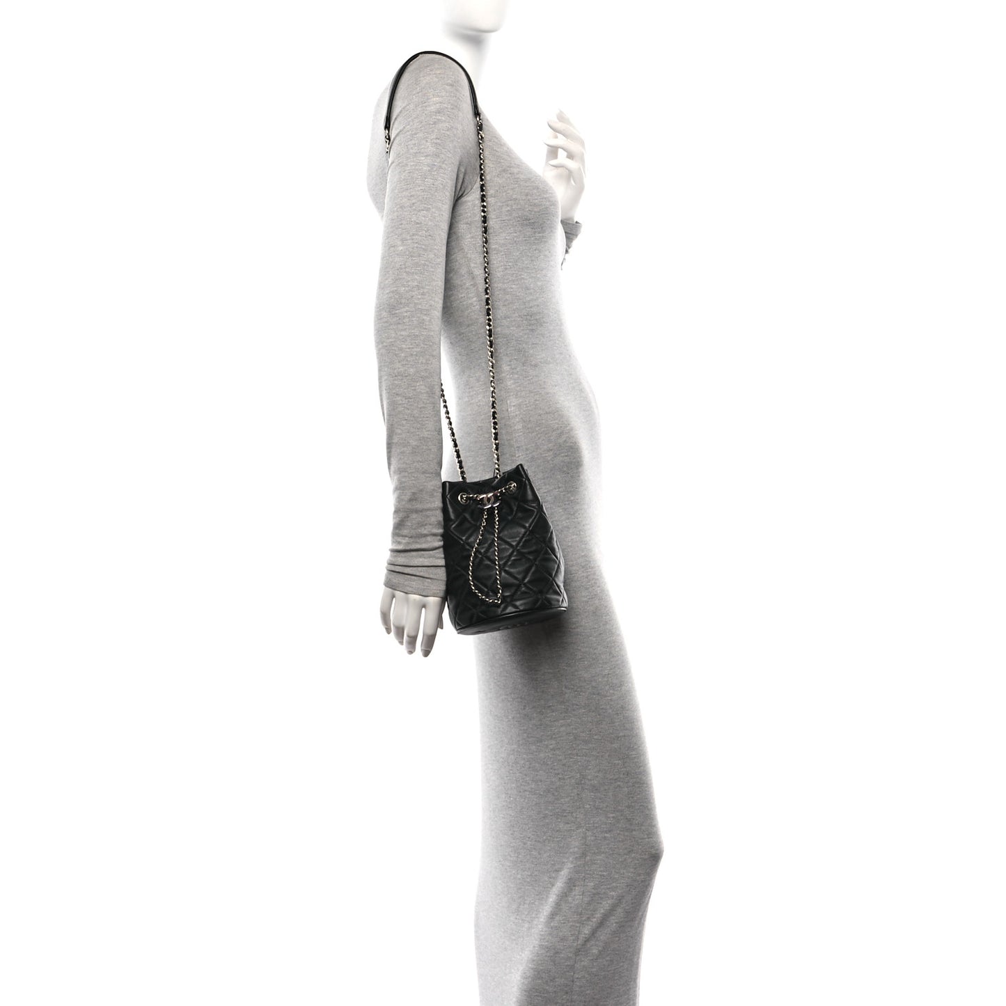 Lambskin Quilted CC Drawstring Bucket Bag Black