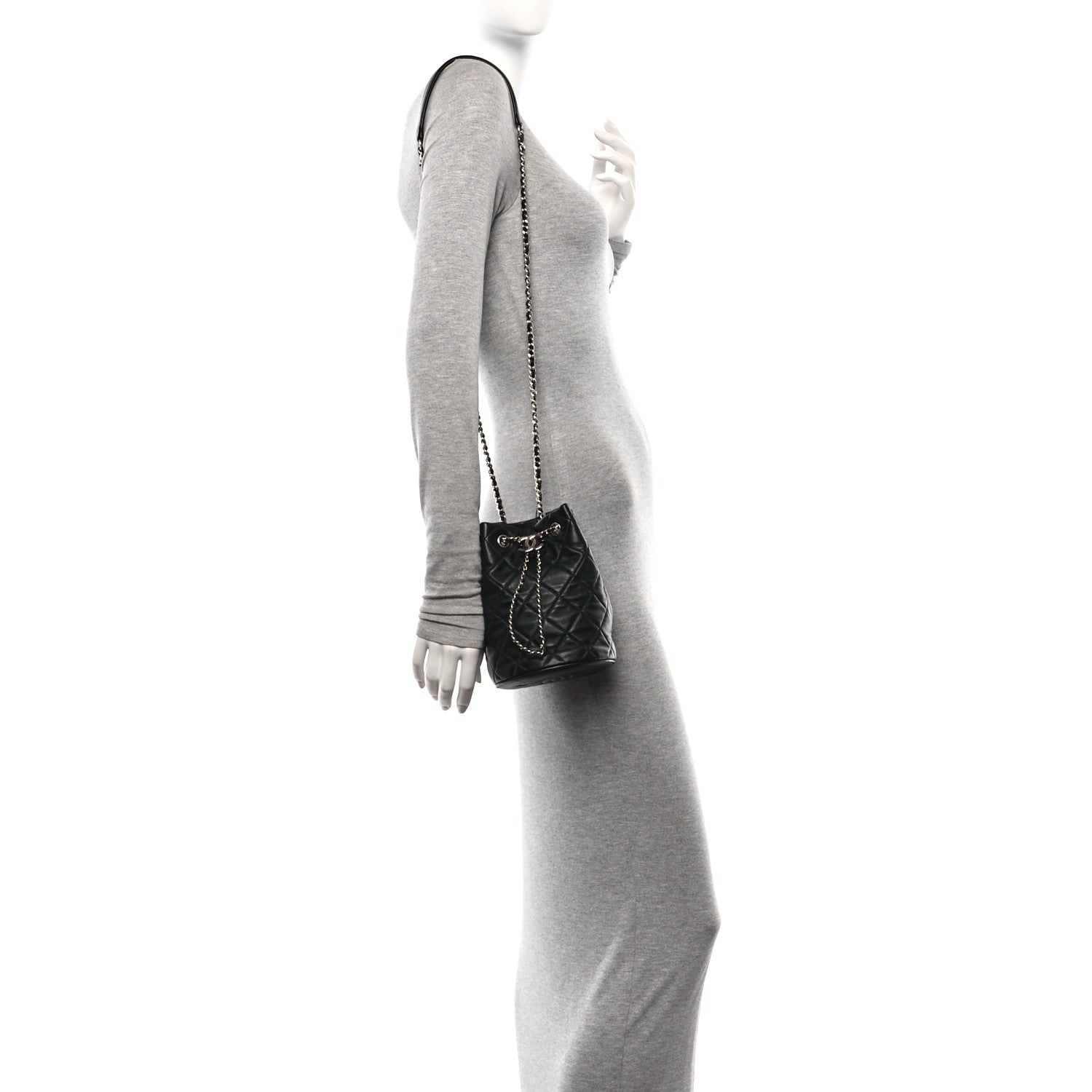 Chanel Lambskin Quilted CC Drawstring Bucket Bag Black 2 of 10