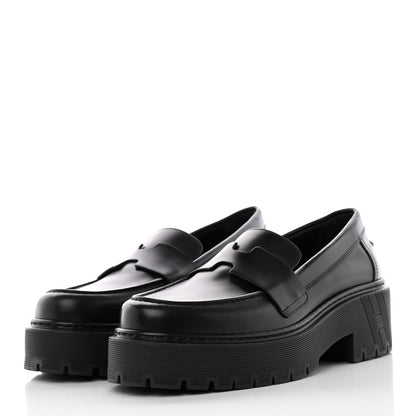 Hermes Glazed Calfskin Womens Hitch Loafers 35 Black 3 of 15