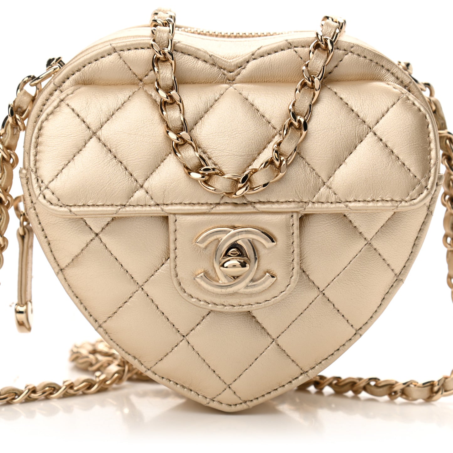Metallic Lambskin Quilted CC In Love Heart Clutch With Chain Gold
