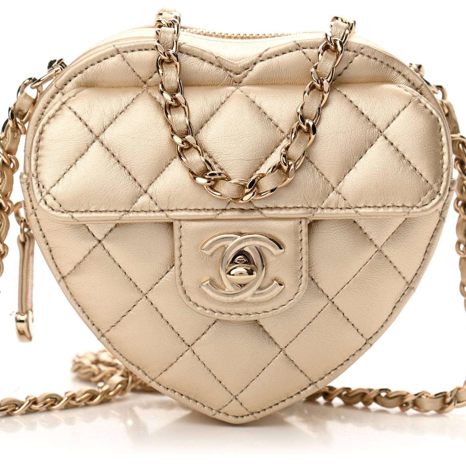Chanel Metallic Lambskin Quilted CC In Love Heart Clutch With Chain Gold 8 of 11