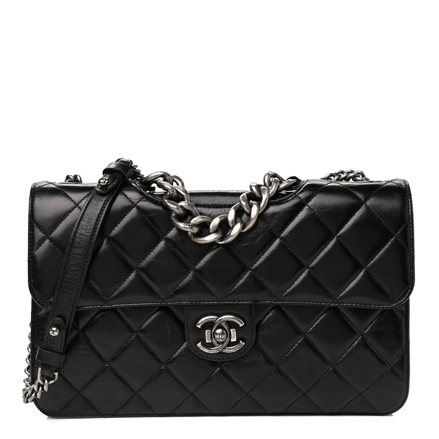 Glazed Calfskin Quilted Large Perfect Edge Flap Black