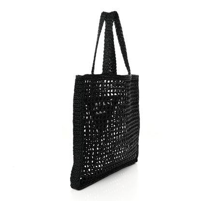 Prada Yarn Raffia Effect Crochet Logo Embroidered Tote Bag Black 3 of 9