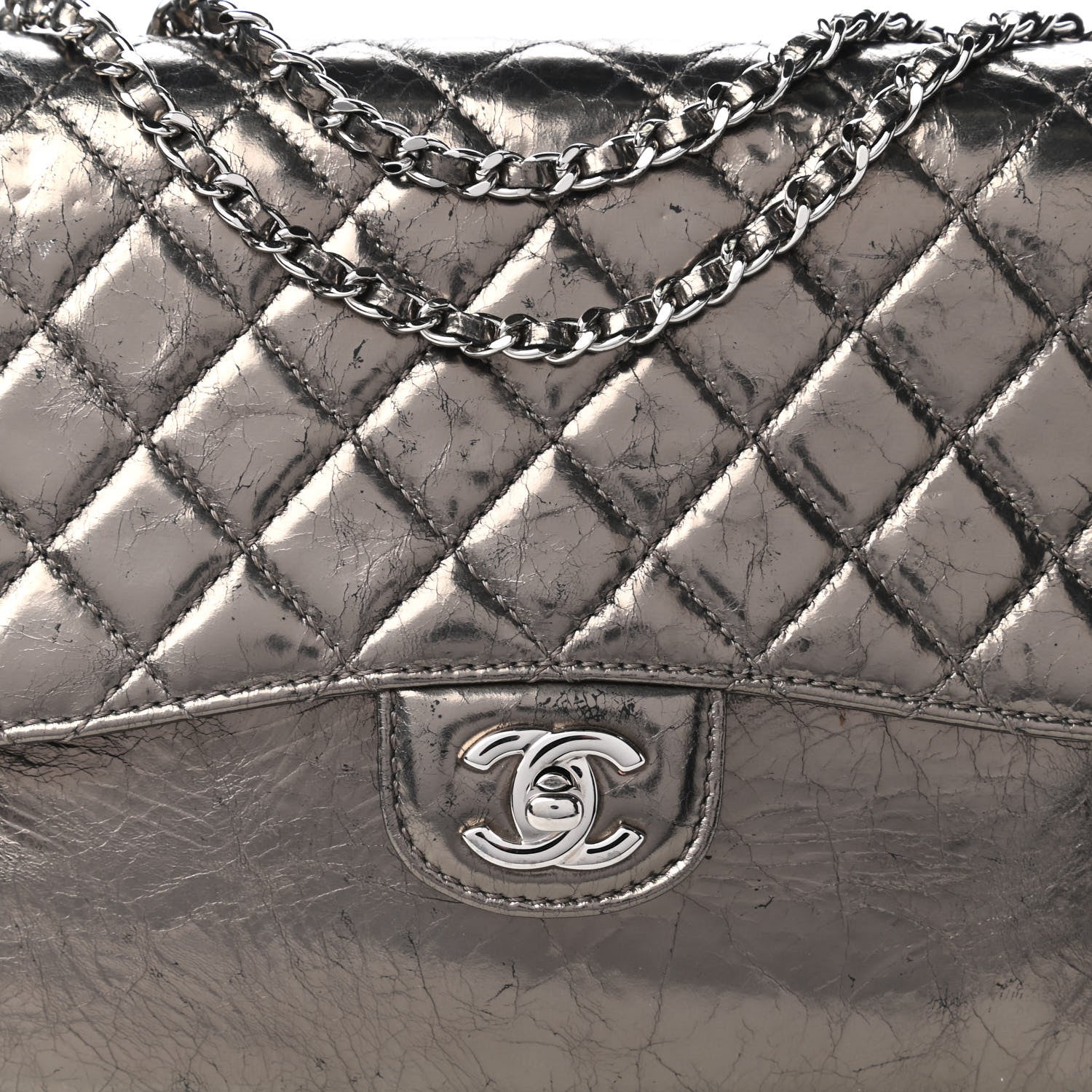 Chanel Metallic Crackled Calfskin Medium Clam's Pocket Flap Dark Silver 10 of 10