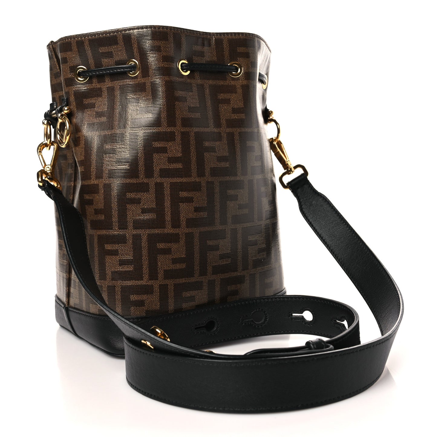 Glazed Fabric Vitello Grace F is Fendi FF 1974 Stamp Patch Grande Mon Tresor Bucket Bag Mogano Panna Black