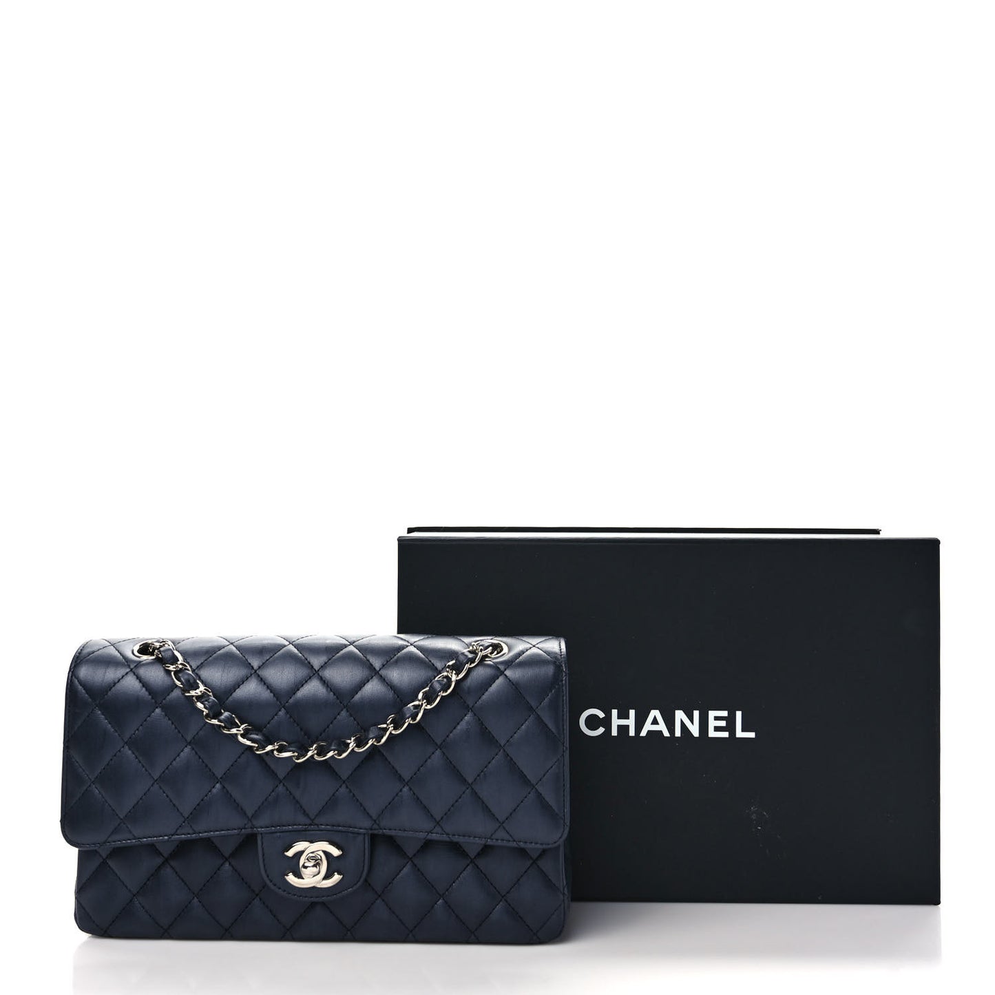 Metallic Calfskin Quilted Medium Double Flap Charcoal
