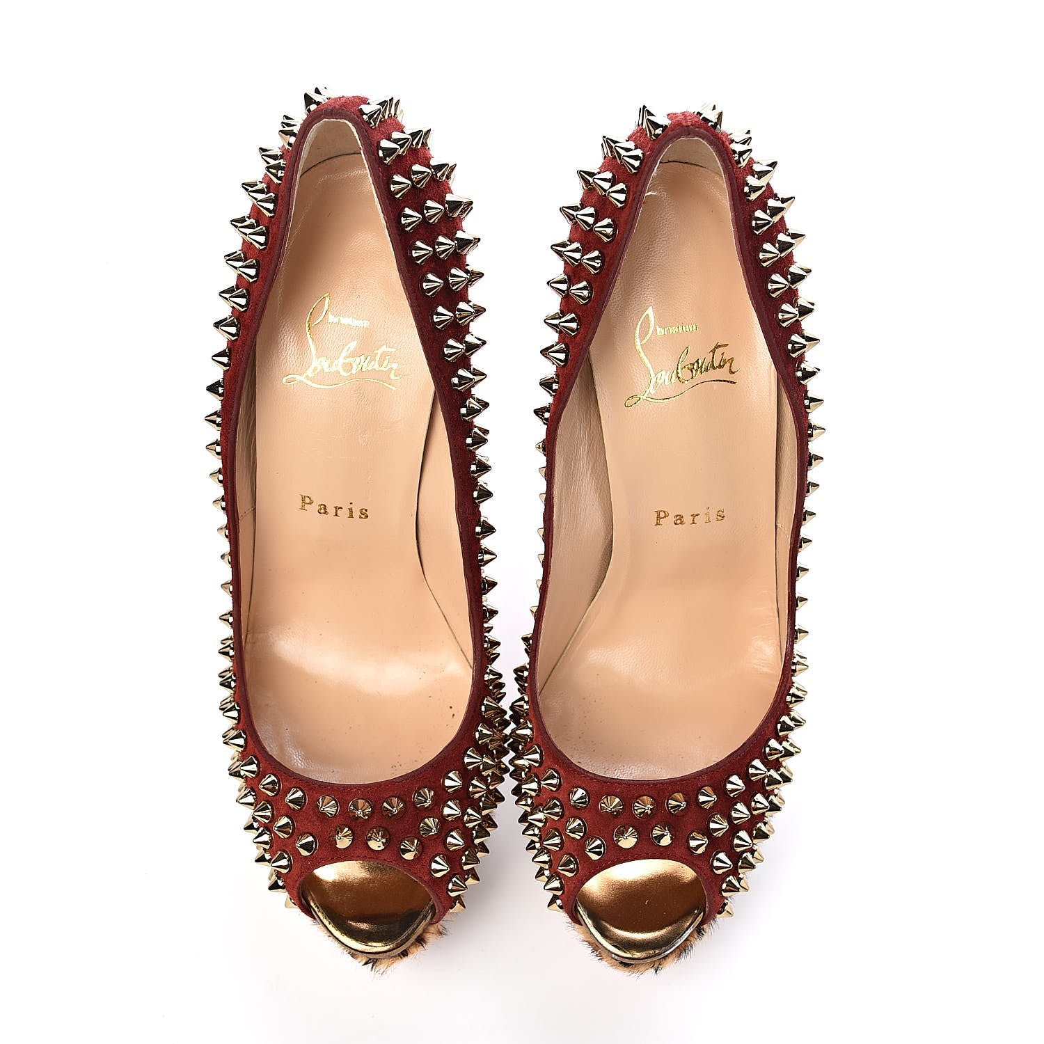 Christian Louboutin Veau Velours Calf Hair Leopard Lady Peep Spikes 150 Pumps 37.5 Red 11 of 13