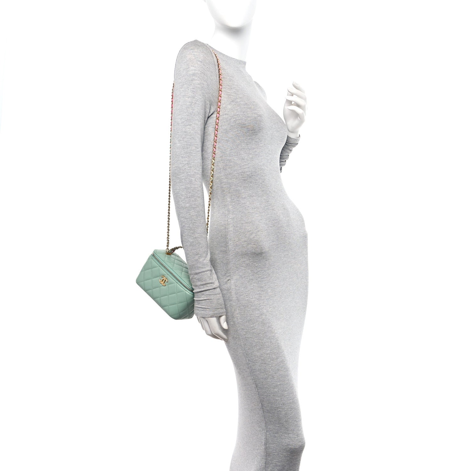 Chanel Shiny Calfskin Quilted Small Top Handle Vanity Case With Chain Light Green 2 of 12