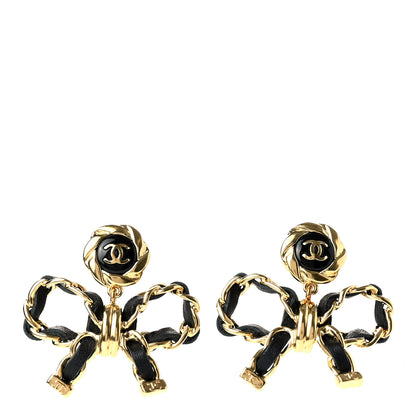 Chanel Lambskin Chain Bow Drop Earrings Black Gold 1 of 5