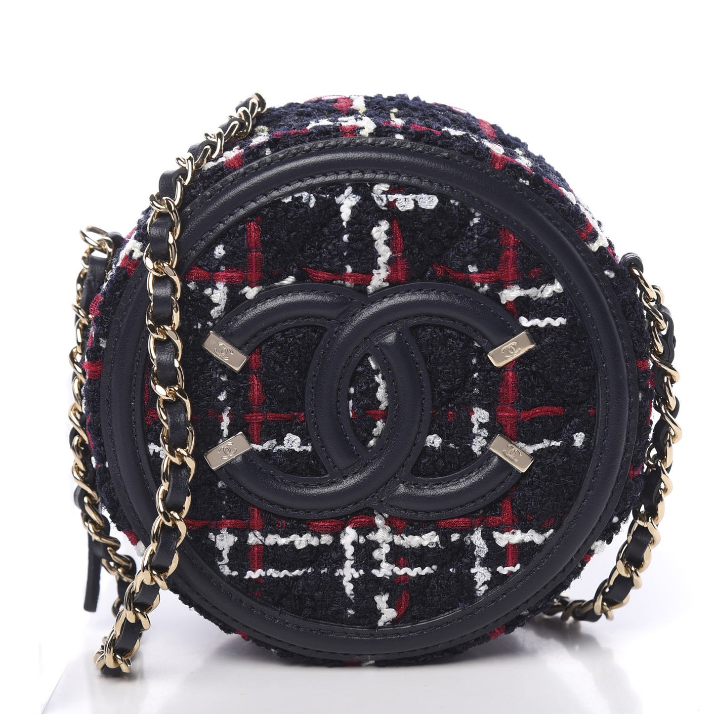 Tweed Quilted Round Filigree Clutch With Chain Navy Blue