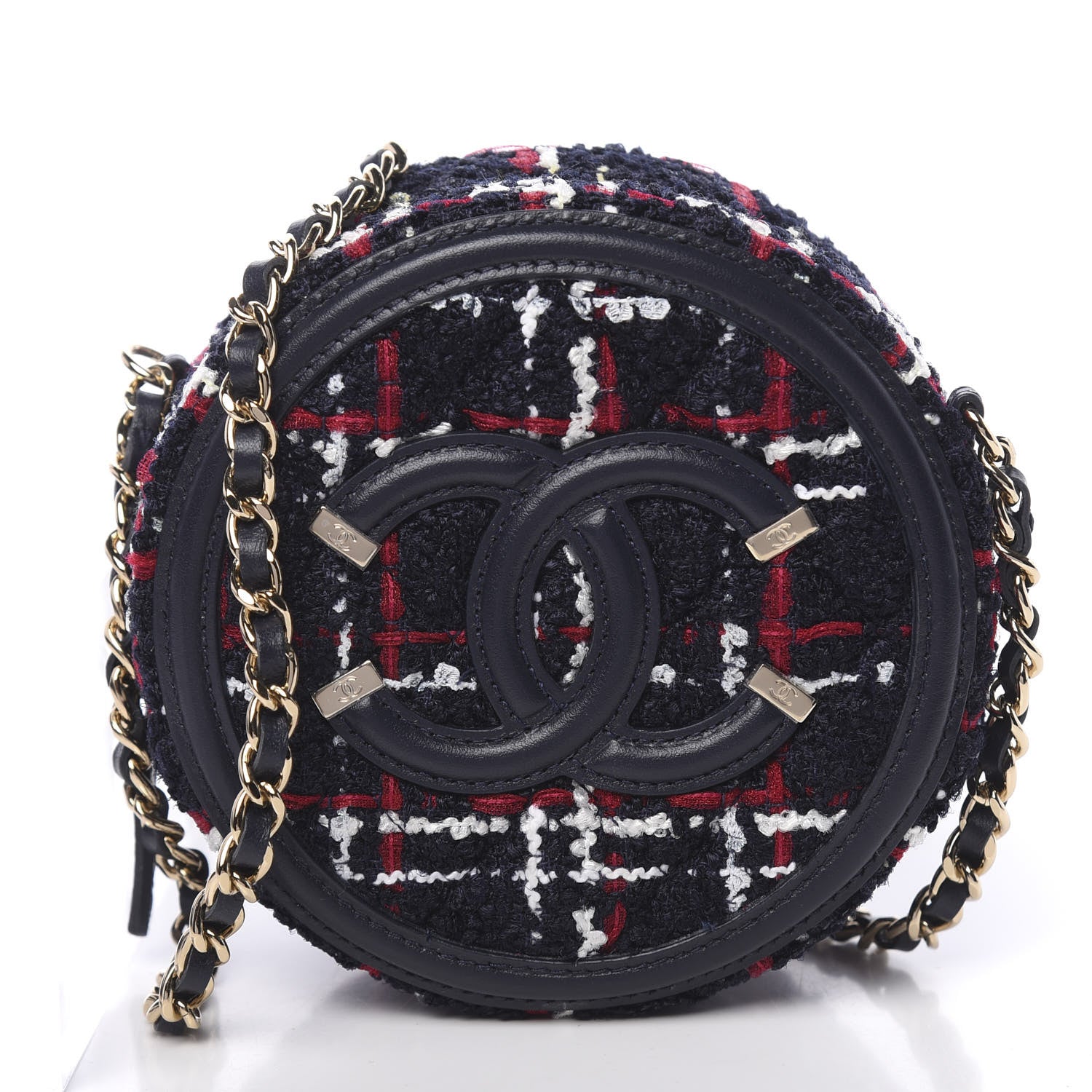Chanel Tweed Quilted Round Filigree Clutch With Chain Navy Blue 1 of 10