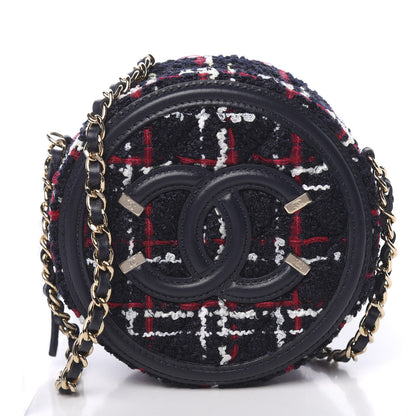Chanel Tweed Quilted Round Filigree Clutch With Chain Navy Blue 1 of 10