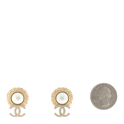 Chanel Crystal Pearl Textured CC Round Drop Earrings Gold 2 of 4
