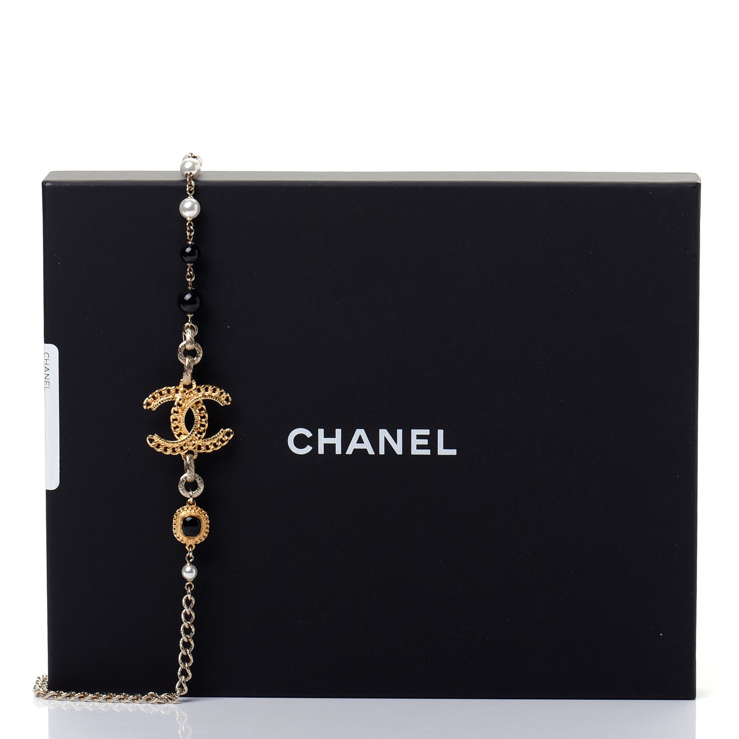 Enamel Pearl Bead CC Long Necklace Black Gold
