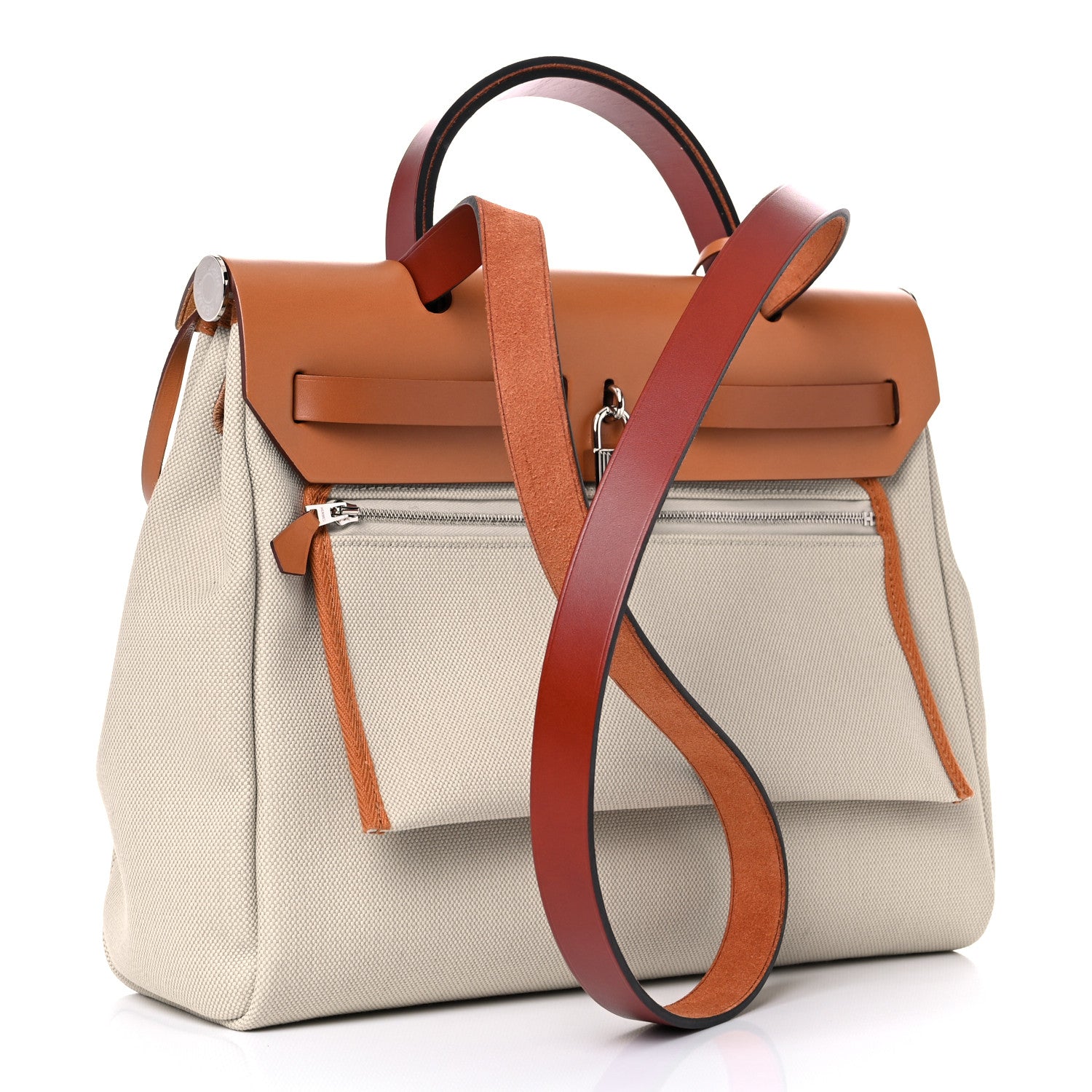 Hermes Military Toile Vache Hunter Herbag Zip Retourne 31 PM Beton Naturel Fauve Cuivre 3 of 10
