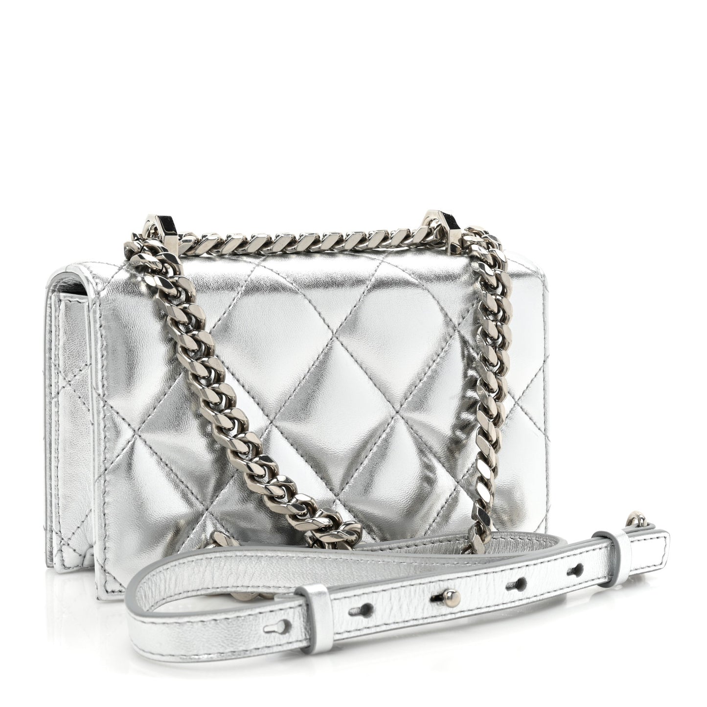 Metallic Lambskin Quilted Knuckle Shoulder Bag Silver