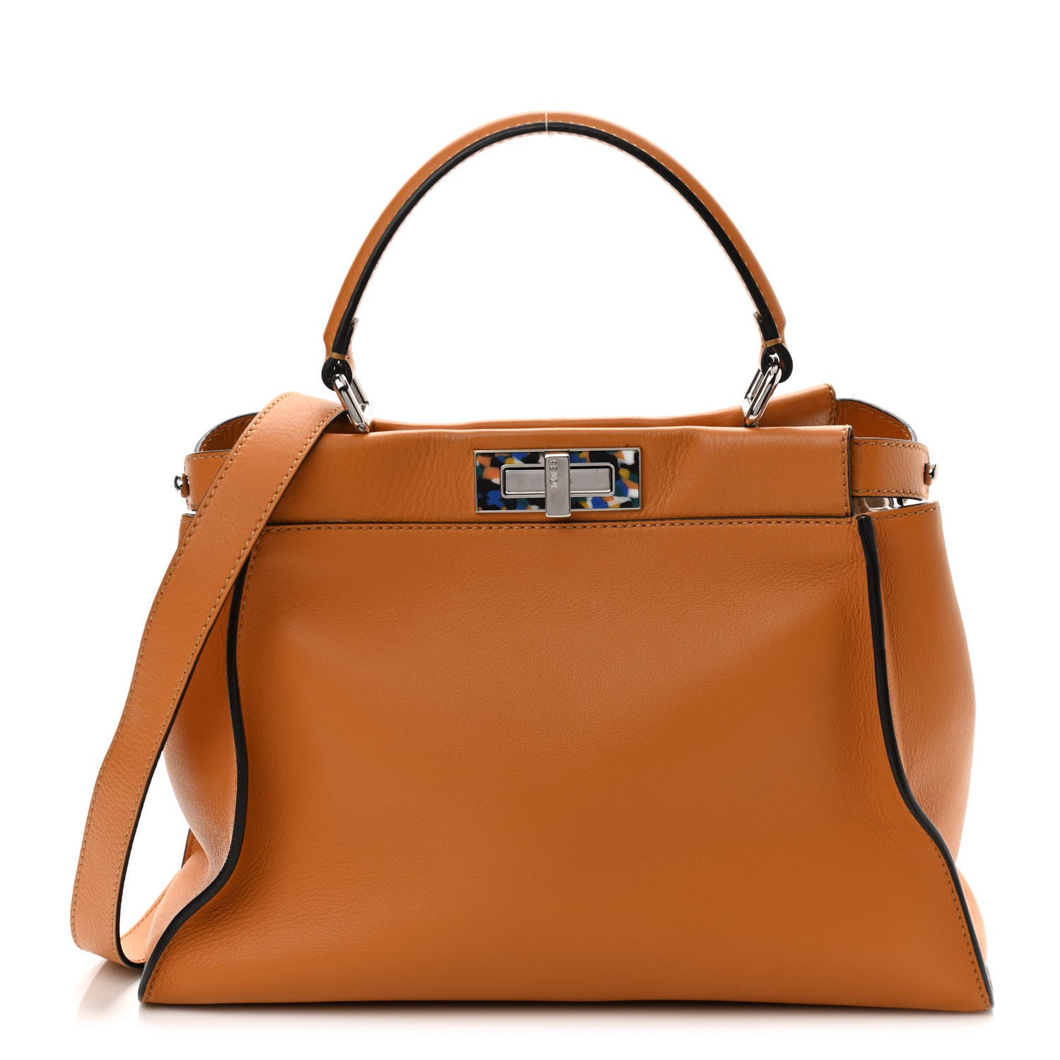 Fendi Vitello Seta Shiny Nappa Plexiglass Granite Medium Peekaboo Iconic Satchel Ginger Latte 1 of 11