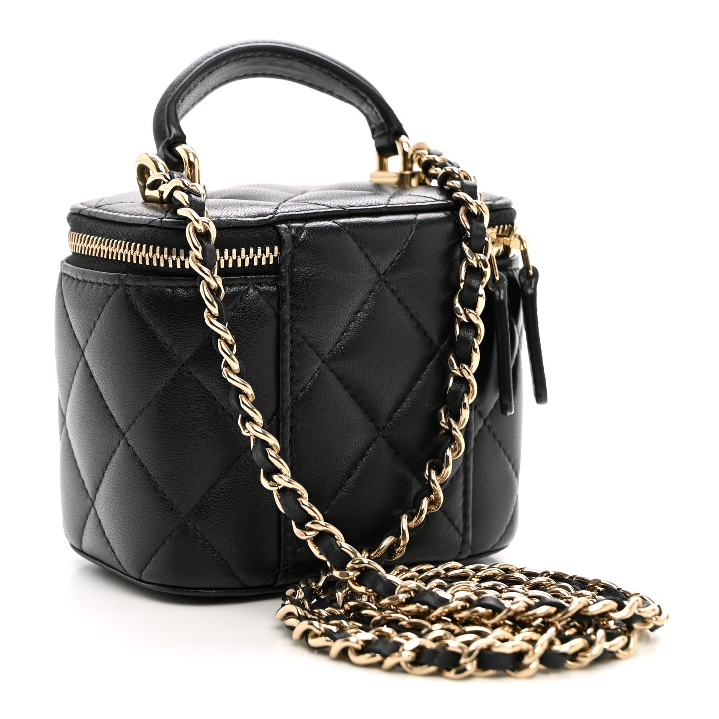 Lambskin Quilted Top Handle Mini Vanity Case With Chain Black