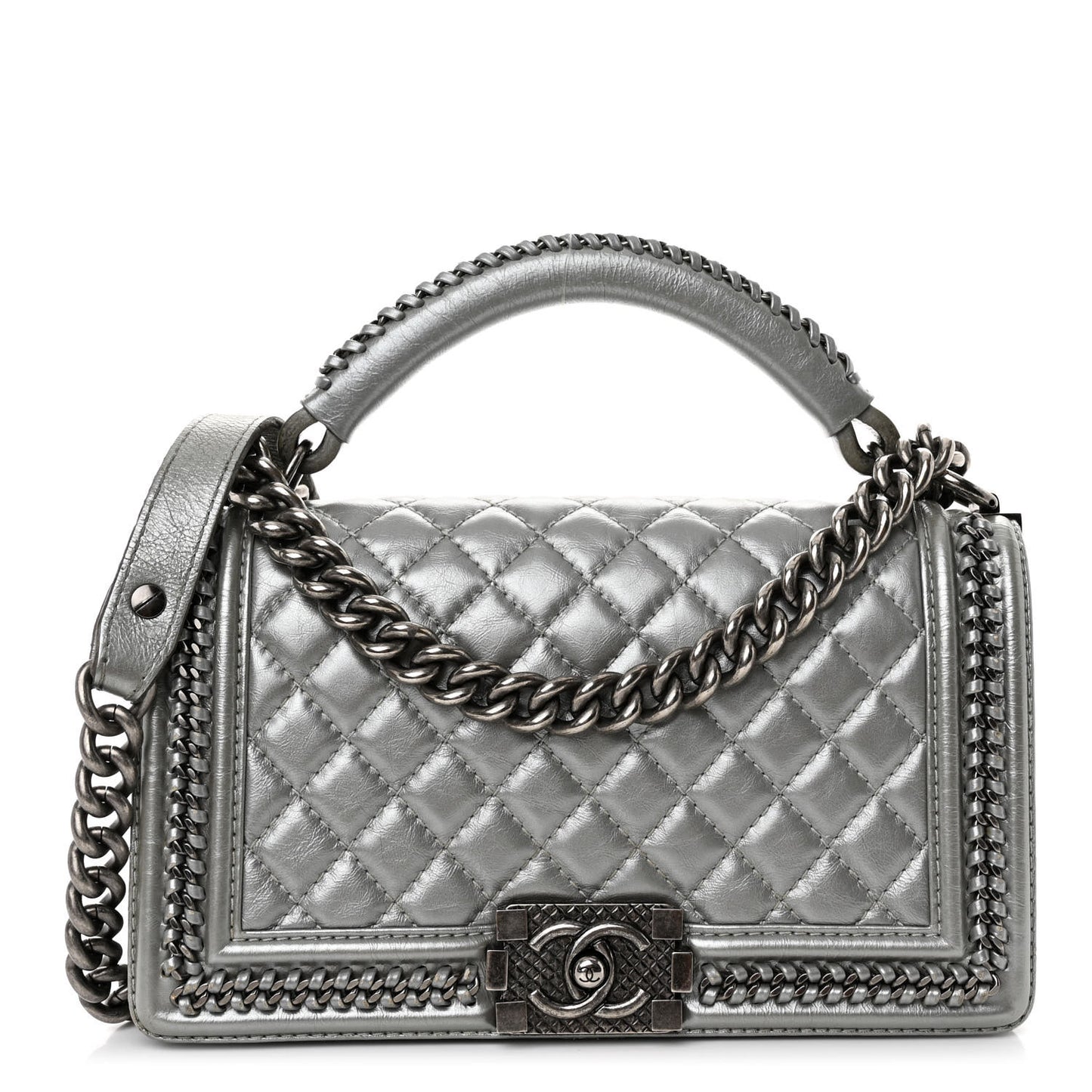 Metallic Aged Calfskin Quilted Medium Top Handle Boy Flap Silver