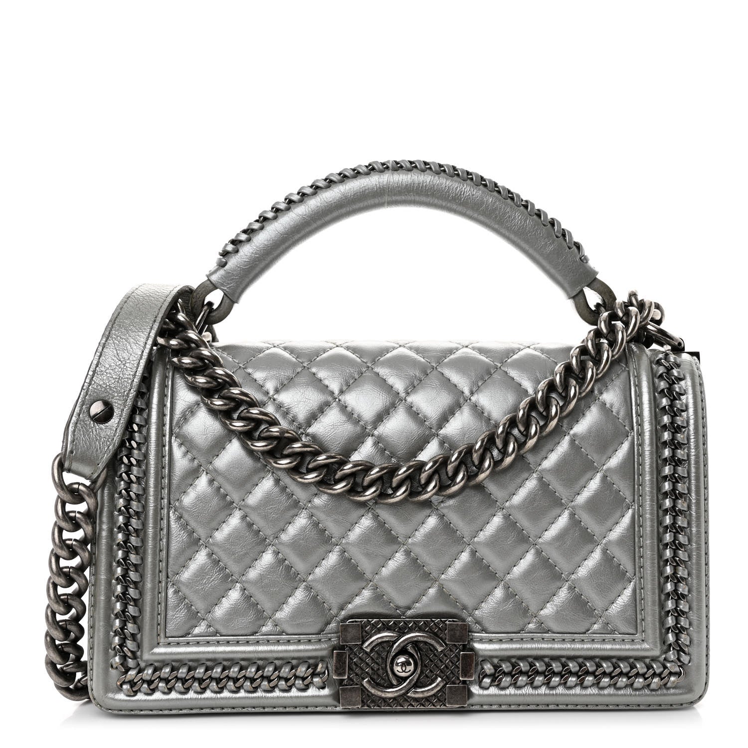 Chanel Metallic Aged Calfskin Quilted Medium Top Handle Boy Flap Silver 1 of 12