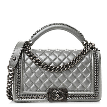 Chanel Metallic Aged Calfskin Quilted Medium Top Handle Boy Flap Silver 1 of 12