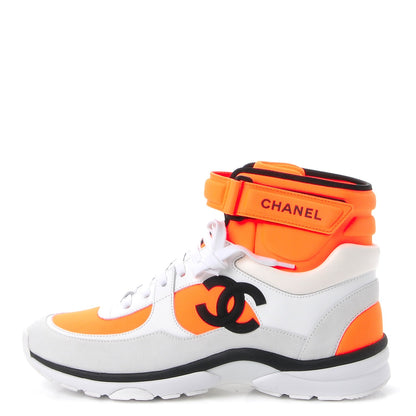 Chanel Suede Calfskin Lambskin Neoprene High Top CC Sneakers 38.5 White Fluo Orange 1 of 10