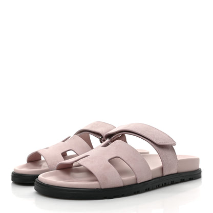 Hermes Suede Goatskin Womens Chypre Sandals 37.5 Rose Porcelaine 3 of 9