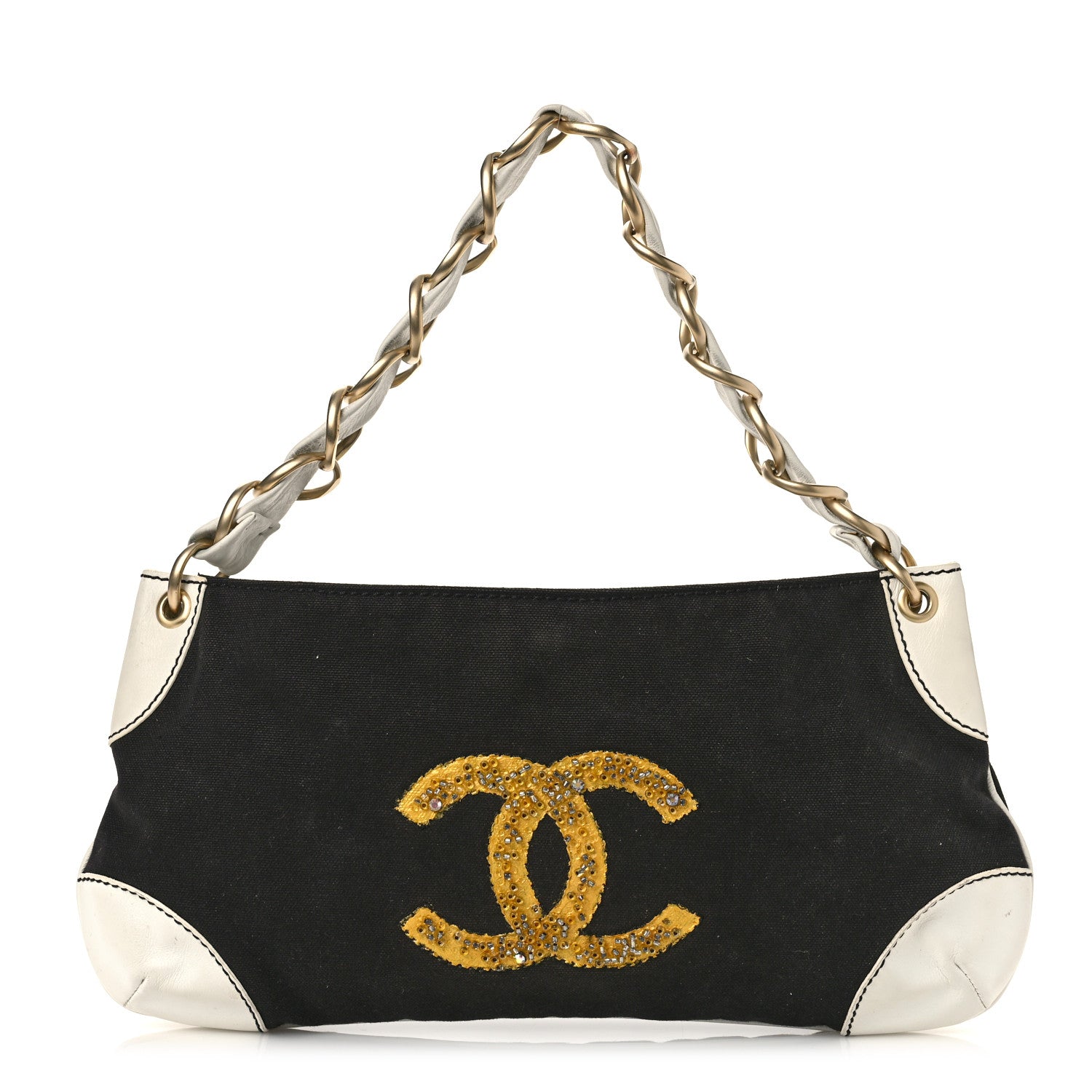 Chanel Lambskin Canvas Beaded CC Olsen Chain Small Shoulder Bag Black White 1 of 9