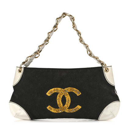 Chanel Lambskin Canvas Beaded CC Olsen Chain Small Shoulder Bag Black White 1 of 9