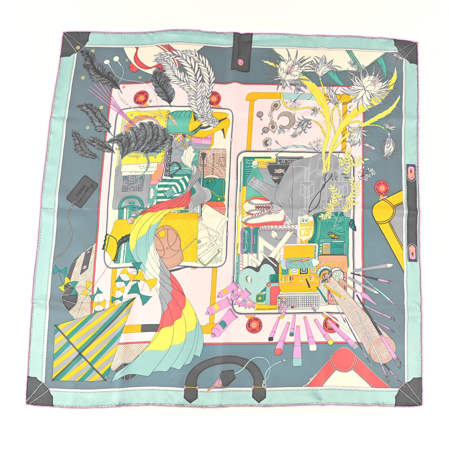 Silk Bagage a Main Scarf 90 Turquoise Rose Pale Jaune