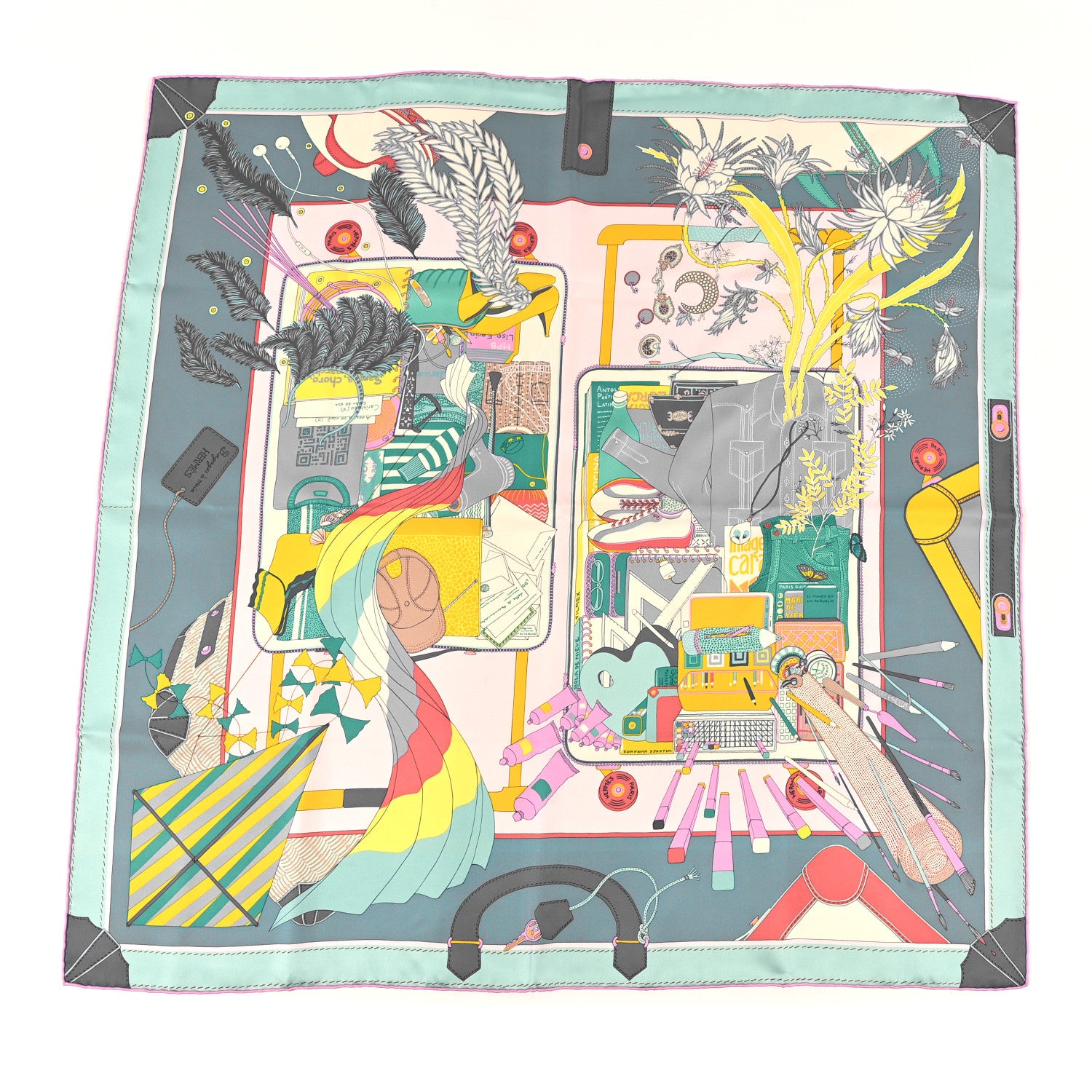 Hermes Silk Bagage a Main Scarf 90 Turquoise Rose Pale Jaune 1 of 4