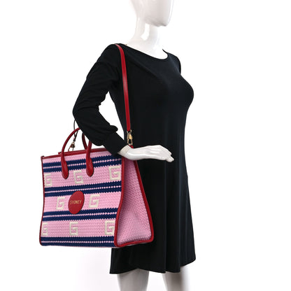 Gucci Fabric Embroidered Sydney Striped Tote Bag Violet Fuchsia 2 of 10