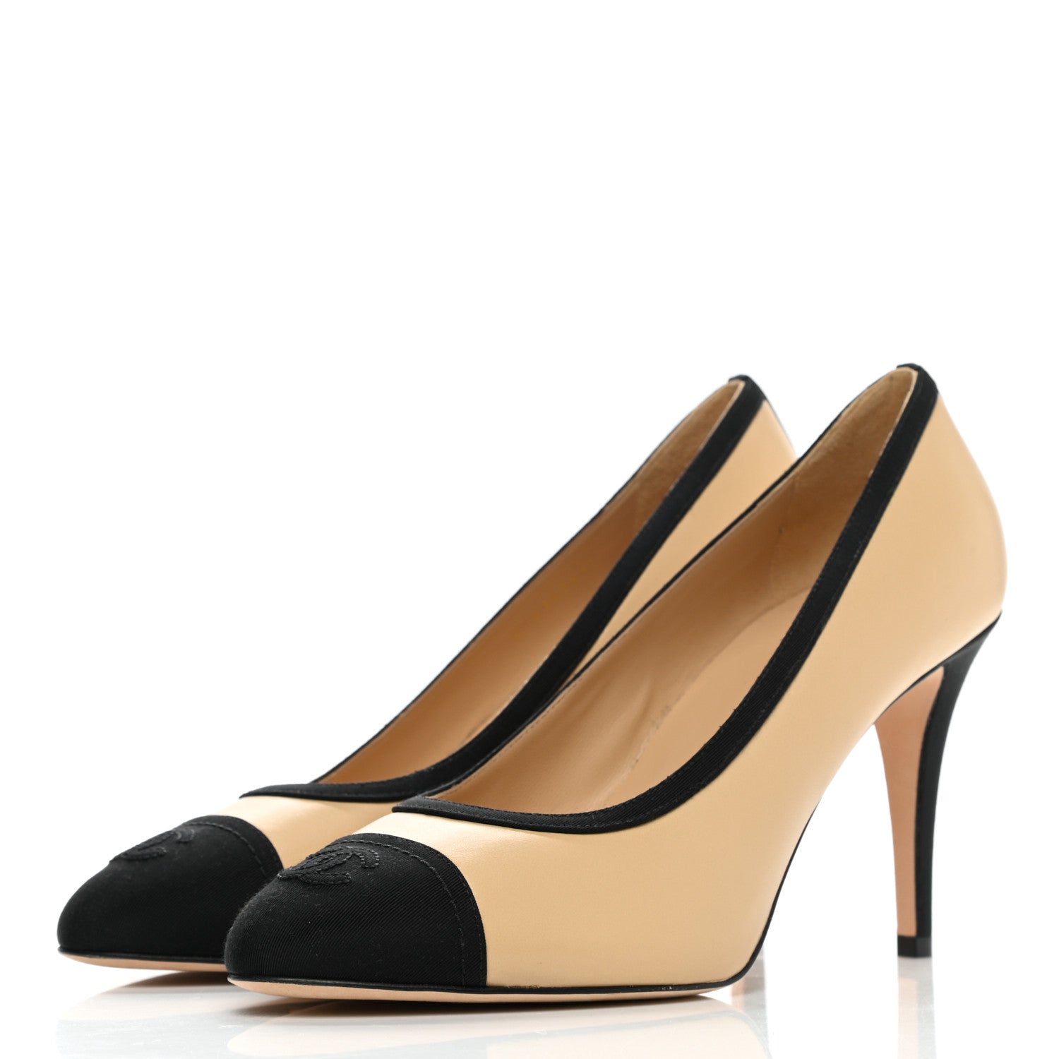Chanel Lambskin Grosgrain Cap Toe CC Pumps 41 Beige Black 3 of 9
