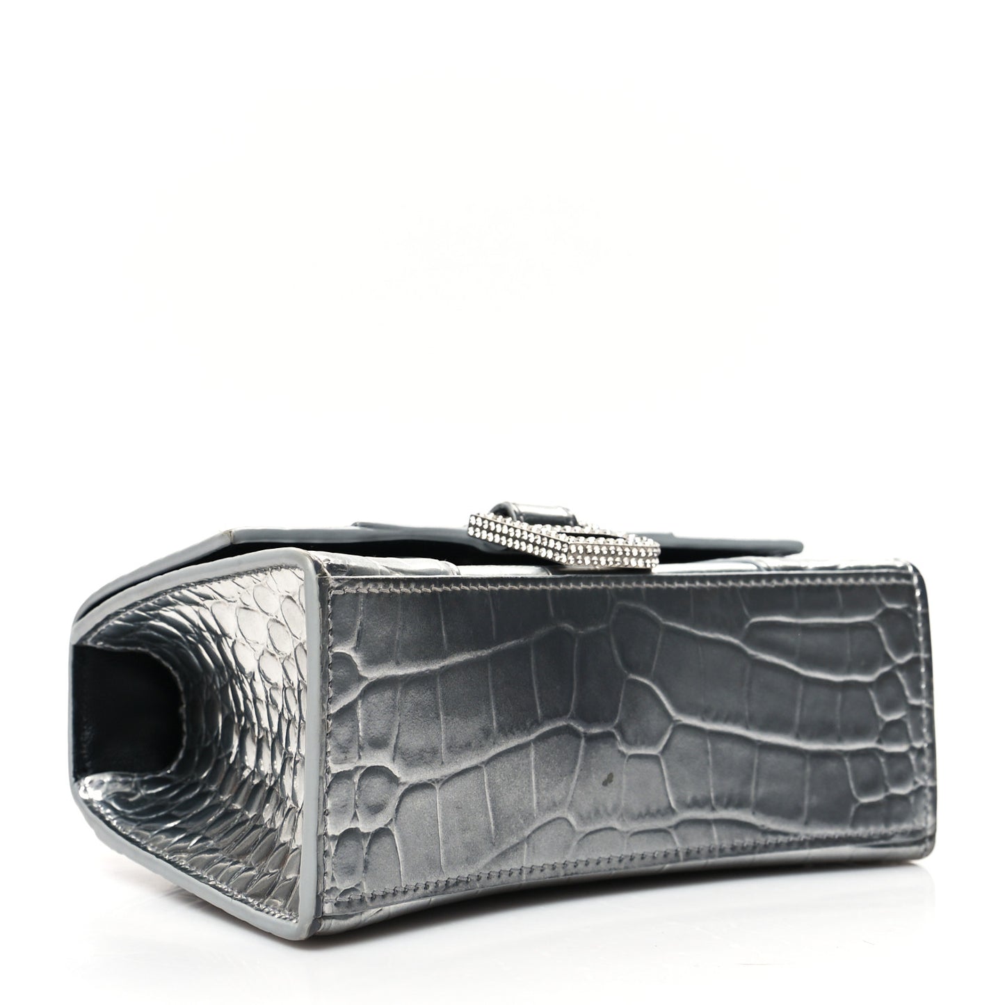 Metallic Calfskin Crocodile Embossed Crystal Hourglass Top Handle Bag XS Silver